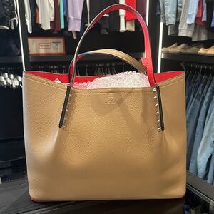 Tan/red Louboutin tote bag